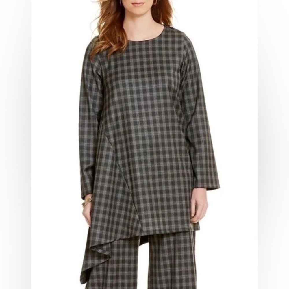 Bryn Walker Sway Grey Black Multi Plaid Asymmetric Tunic Top Small S AE26